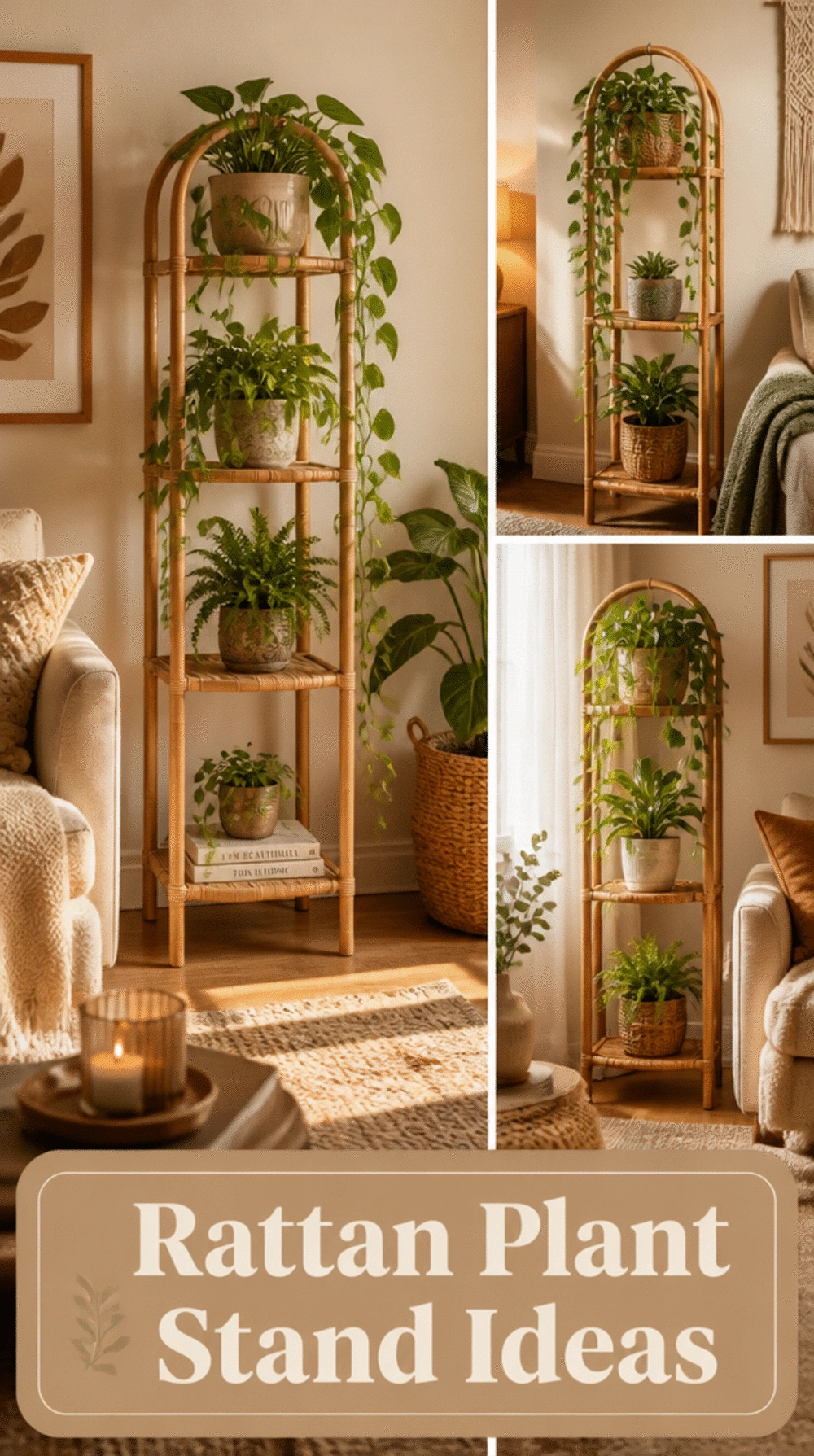 Rattan Plant Stand with Trailing Vines for an Earthy Boho Living Room Corner