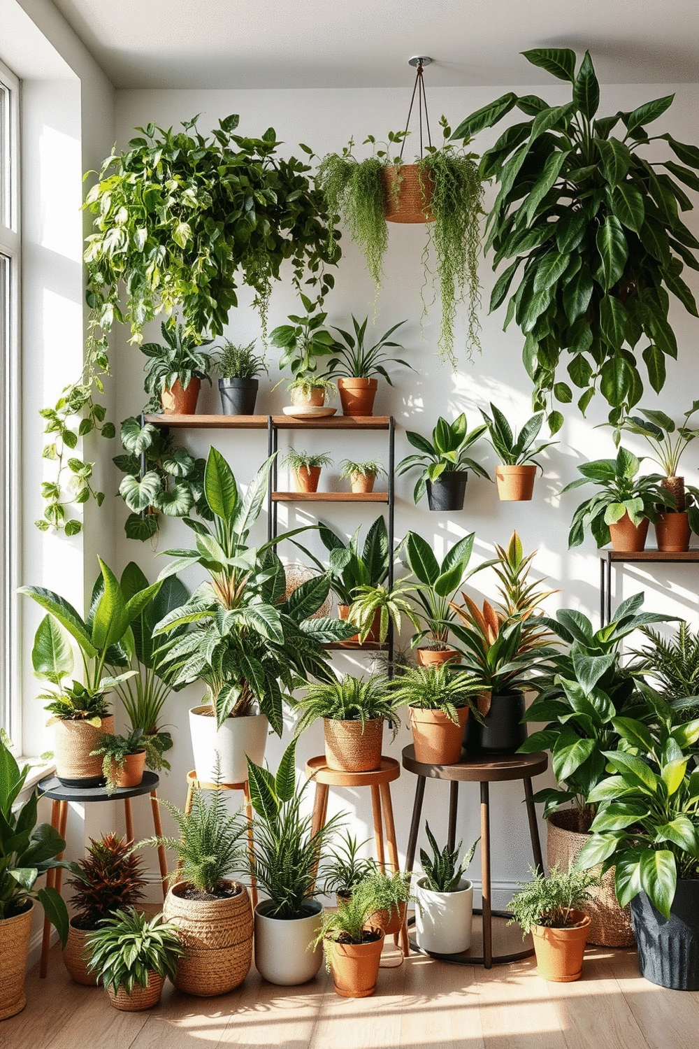 A collection of diverse plant species in a home, creating an urban jungle aesthetic